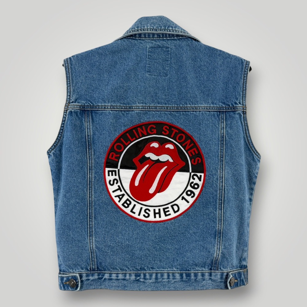 Forever 21 Rolling Stones Denim Vest Medium Wash Blue Band Graphic Women Medium